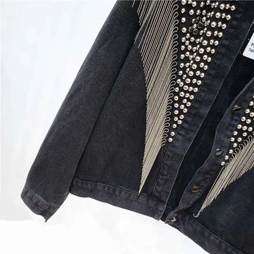Western Vintage Wash Denim Studded Fringe Jean Jacket - Picture 16 of 16